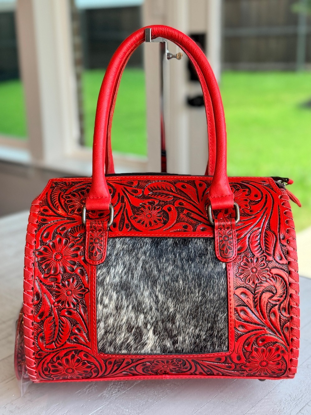 Genuine Leather Cowhide Western SpeedyPurse Tooled Floral Red Satchel Bag Medium